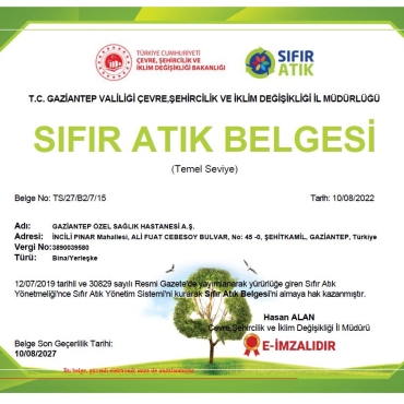 SANKO ÜNİVERSİTESİ HASTANESİ SIFIR ATIK BELGESİ ALDI