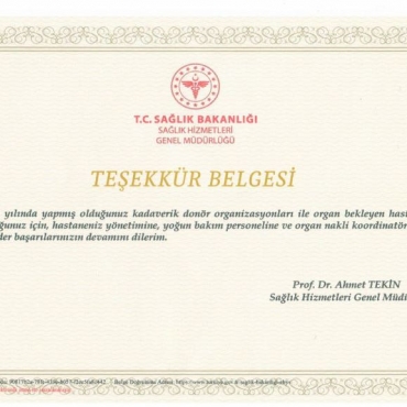 SAĞLIK BAKANLIĞI’NDAN SANKO HASTANESİNE TEŞEKKÜR BELGESİ